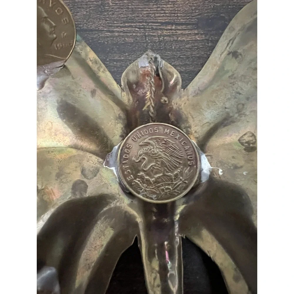 Vintage Brass Butterfly‎ Ashtray Mexican Coin Cigarette Rests 1960s 1970s